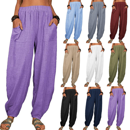 Pantalones anchos de lino y algodón para mujer