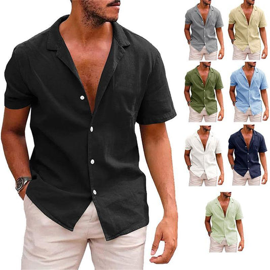 Camisa de manga corta de color puro con solapa para hombre maryling77
