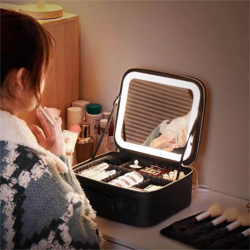 Bolsa organizadora de maquillaje de viaje con espejo LED luminoso clawbetter