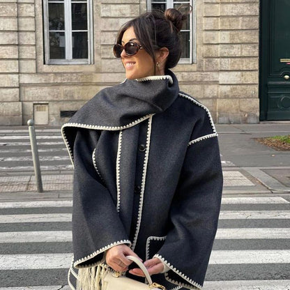 Manteau en tweed avec écharpe à pompons pour femmes