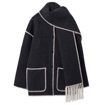 Manteau en tweed avec écharpe à pompons pour femmes