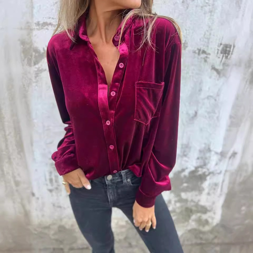 Chemise boutonnée à manches longues avec poche pour femmes🌸