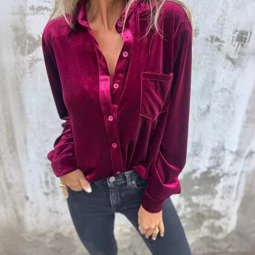 Chemise boutonnée à manches longues avec poche pour femmes🌸